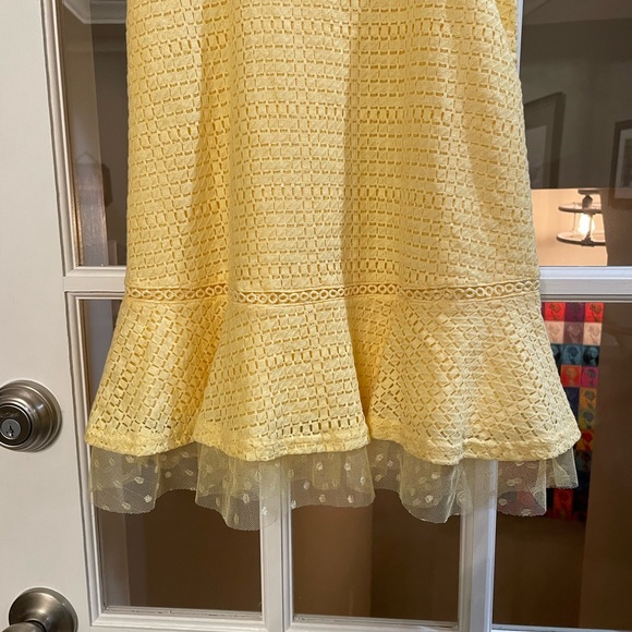 HP🌸🌼 J.O.A. | Lace Detail Ruffle Hem Dress. XS. Yellow. Multi Textured Lace. - Picture 4 of 12